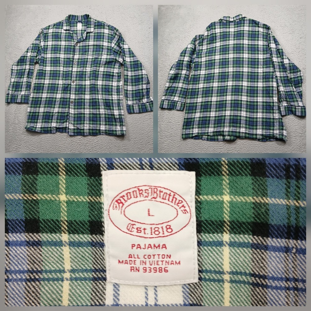 Brooks Brothers Pajama Top Men's L Green Blue Plaid Long Sleeve‎ Cotton